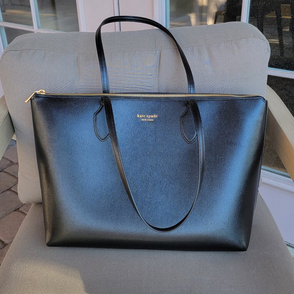 KATE SPADE Bleecker Black Saffiano Leather Large Zip Top Tote Bag